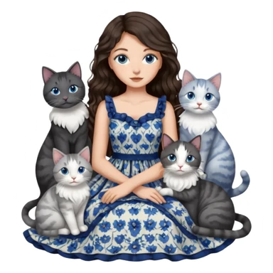 detailed realistic looking a dark grey and white cat regally sitting with six other cats, cuddling with their owner who is a pretty bratz lightly tanned white girl with long dark brown hair, blue eyes and gorgeous long wavy hair wearing a pretty detailed dress sticker