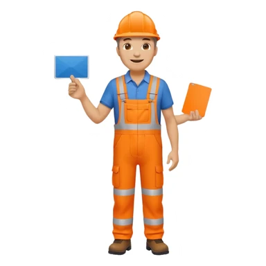 mature engineer hi-vis orange overalls standing full body holding a card sticker
