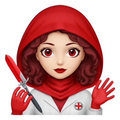 Lilith scalpel in hand, evil surgeon outfit.  She has red eyes. She has dark brown curly hair. Hair is long . Wears sexy doctor outfit with red gloves. Clears, mouth with Muslim red burka sticker