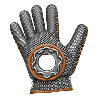 3D render of Butcher’s Glove, made of interlocking chainmail metal rings, wire mesh texture, visible holes and negative space, metallic silver and grey, high contrast shadows, Apple emoji style, isolated on white background --v 6.0. sticker