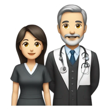 husband american age 64 dark brown hair trimmed beard wearing a business suit holding a bible, wife asian age 64 black shoulder length hair wearing nurse uniform, no children sticker