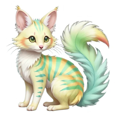  cute adorable yellow-green-turquoise-gradients albino fur with random colorful iridescent rainbow markings beautiful elegant pretty precious cute  Fakémon-Pokémon-opossum-feline-serval-caracal-chinchilla-Minccino-hybrid-creature with a big fluffy bushy striped tail (full body) sticker