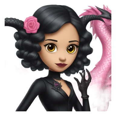 provocatively  Lavish black evening gown with see-through gloves, Jenna Ortega as Addams woman prom queen wearing a mini tiara, very large blood  pink evil-looking horned old dragon bike sticker