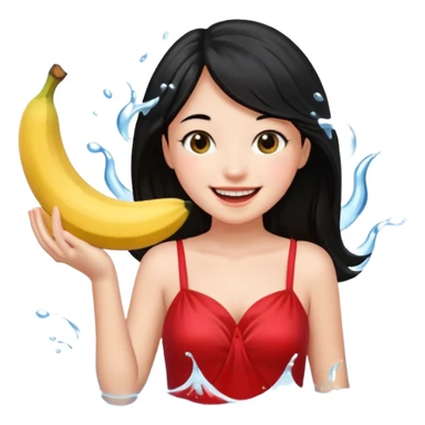 a water splashing banana above a girl with black hair and red dress sticker