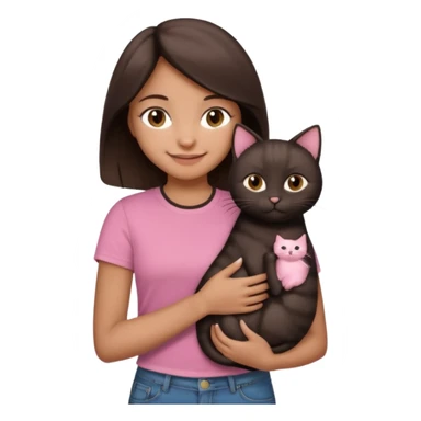 As una chica con piel marron claro con el pelo  medio largo color marron oscuro que tenga la chica una camiseta rosada mangas cortas con un jean claro que tenga ojos marrones la chica que la chica este sonriendo mientras sostiene entre sus brazos 1 gato negro gordito. sticker