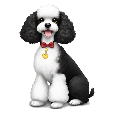Mini white poodle in tuxedo sitting with mini black poodle in white dress sticker