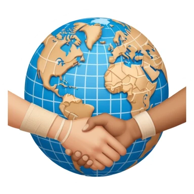 instead of two hands holding a globe, we have two hands handshaking in front of a globe. And in the background, we can see that the globe has a bandage or something.  sticker