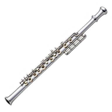 Create an elegant and refined emoji representing a classical silver flute. The design should showcase the sleek, polished silver body of the flute with its keywork and tone holes clearly visible. Highlight the smooth, straight shape of the instrument with subtle light reflections on its metal surface. The keys should be delicately detailed, with their small, round pads visible. Add a slight shine to the flute’s surface to reflect its high-quality craftsmanship. Optionally, include subtle musical notes floating around the flute to evoke its light, melodic sound. The background should be transparent. sticker