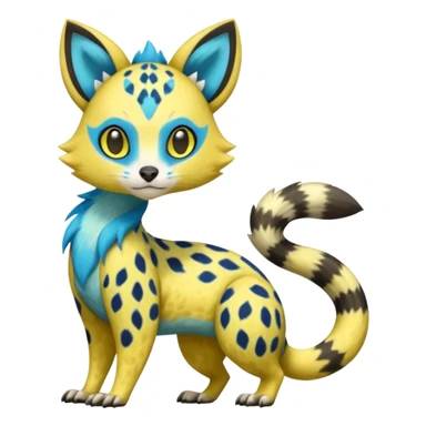 Colorful Yellow Meloetta-Civet-Sergal-Genet-Pokémon-Digimon-Fakémon-fusion-hybrid-creature with Cyan stripes and blue leopard-spot-markings  sticker