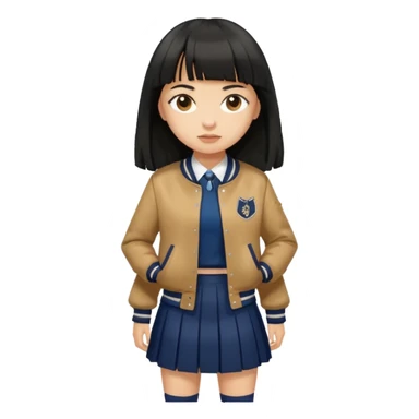 hair : black long hair with fringe 
skin : light 
cloth : brown varsity jacket + navy long long school girl skirt 


 sticker