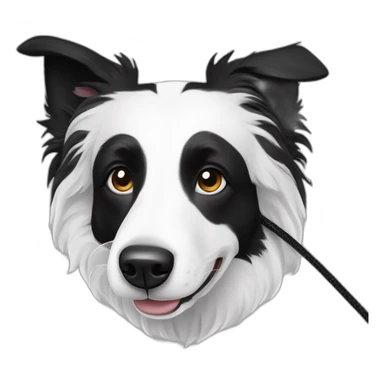 A black and white border collie with an skewed to the left white spot on his head chewing cord sticker