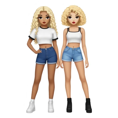 Full body of two teenage girls standing together, one white with straight blonde hair and one brown-skinned with curly black hair, both with heavy makeup, big lips, crop tops and choni style clothing sticker