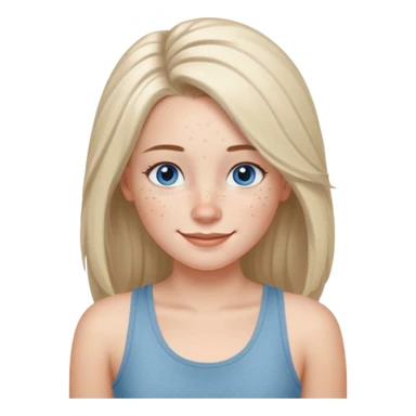 Una chica de tez blanca con pecas, nariz respingada, labios gruesos, ojos grandes color azul grisáceo, pelo largo, lacio, color avellana. Con una blusa de tirantes blanca. Que este sonriendo y q solo se vea de la cintura hacía arriba sticker