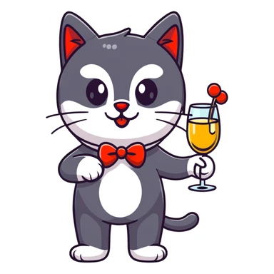 black cat with a red clown nose and a glass of champagne in its paw, playful and festive sticker