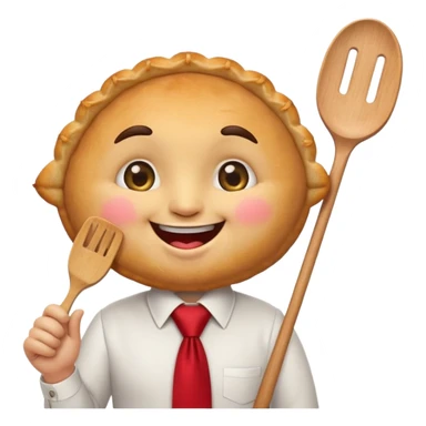 emoji style, happy fried empanada with face, big sparkling eyes, blushing cheeks, two buck teeth, red necktie, holding spatula, thick black outline, golden brown color, very cute and wholesome, transparent backgroun sticker