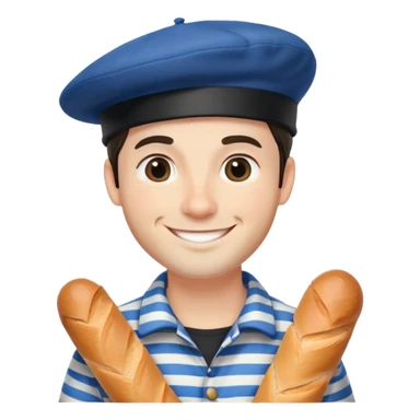 French man with blue and white striped shirt, black beret, holding a baguette, smiling sticker