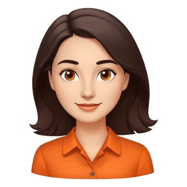 Professional woman in her 30s with light complexion, oval face, gentle features, large dark brown eyes, well-formed medium eyebrows, small nose, warm friendly smile, long slightly wavy dark brown hair, wearing a bright orange dress shirt sticker