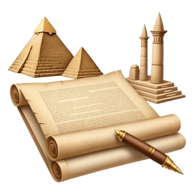 An icon showing a rolled parchment scroll, a quill pen, and ancient landmarks like pyramids and columns in the background. The design symbolizes the study of past civilizations, events, and heritage. Transparent background emphasizes the timeless exploration of human history. sticker
