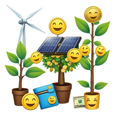 Create a set of unique, high-quality emoji-style stickers for a Telegram public group focused on green energy investments. Each sticker should be vibrant, friendly, and easily recognizable. The theme combines eco-conscious finance and renewable energy. Include elements like:

Solar panels with smiling faces

Wind turbines with coins spinning around

Happy earth holding a dollar sign

A plant growing out of a wallet

A money tree with solar panel leaves

A superhero saving the planet with a green energy logo

A rocket powered by clean energy labeled "ROI"

Happy investors with sun hats and windmills

Keep the style modern, fun, and clean — suitable for use in a friendly Telegram community. Backgrounds should be transparent. Use smooth outlines, minimal text (or none), and expressive faces or icons to communicate positivity and trust. sticker