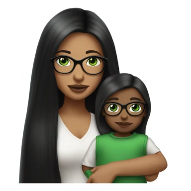 Black long straight hair with green eyes and glasses, big lips white girl holding one year old green eyes white baby boy sticker