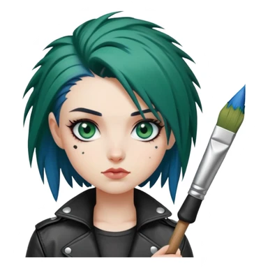 Punk-girl with dark green hair and blue eyes in leather jacket with brush  sticker