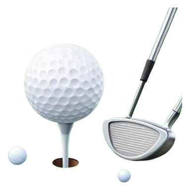 A golf ball on a tee, with a golf club placed beside it on the lush green fairway. The background shows a serene golf course with neatly trimmed grass and a clear blue sky, emphasizing the elegance and precision of the game. sticker