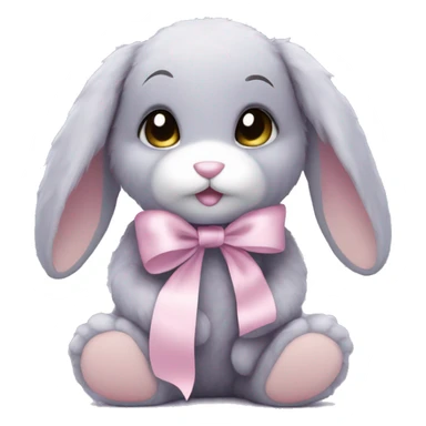 Lilac-grey matted bunny teddy, floppy, with pale pink ribbon sticker
