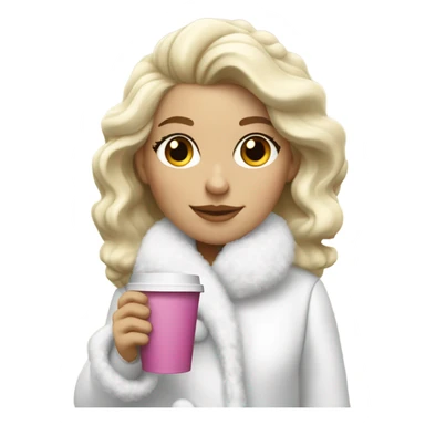 blonde girl wearing white fluffy jacket and a coffee to go in hand all dress white and a white bow on hair sticker