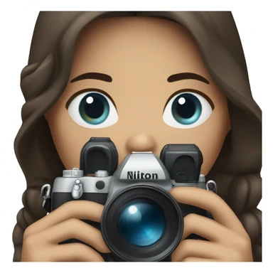 woman with blue eyes and dark hair holding a nikon camera sticker