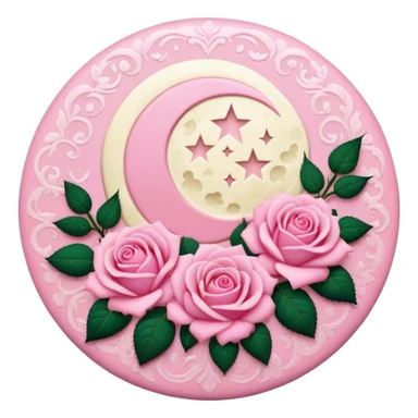 A round pink button with a light cream full damask moon and pink roses in the center sticker