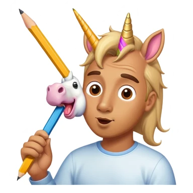 A men licking a pencil that a unicorn  sticker
