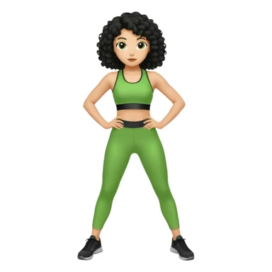 woman with olive skin and curly black hair wearing a green workout outfit and standing in a disco pose sticker