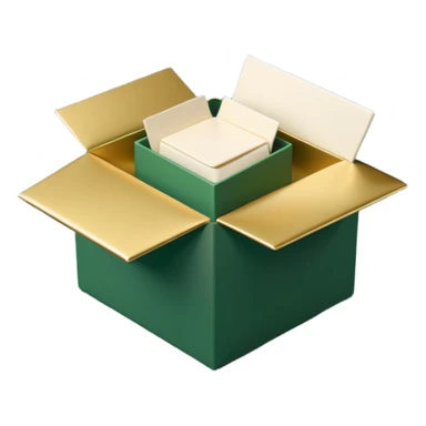 3D minimal open box with multiple envelopes floating out of it, matte finish, deep green (#0B3D2C) box, cream white (#F5F5DC) envelopes, subtle gold (#C9B037) accents, Apple style, ultra sleek, soft shadow, transparent background sticker