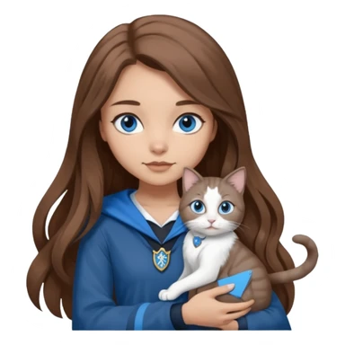 gorgeous Girl with light skin, blue eyes, long brown hair, wears a ravenclaw outfit, with a grey and white cat holding in her arms sticker