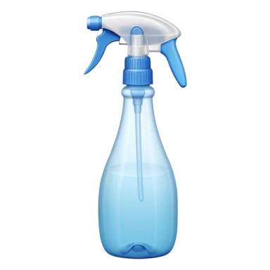 plastic spray bottle with simple trigger top and translucent body filled with clear liquid, practical shape, subtle grip texture on neck, no branding, slight reflection on plastic, no label, no cloth, no surface, soft lighting, subtle shadows, emoji scale sticker