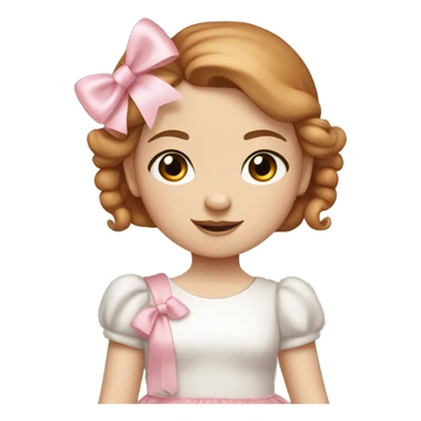Little Girl with White skin, blue eyes. Light brown and red hair in two ponytails, with light pink bows.  She is wearing a light pink and White dress, standing and holding a teddybear with a pink bow. sticker