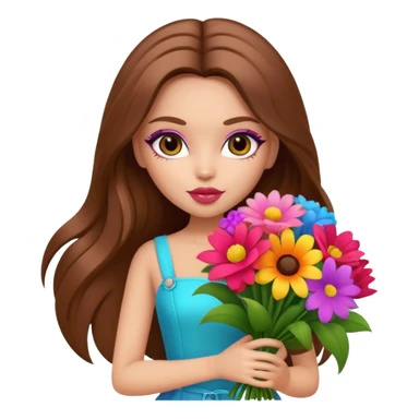 stylish pretty bratz baddie, long brown hair holding big bouet of flowers  sticker