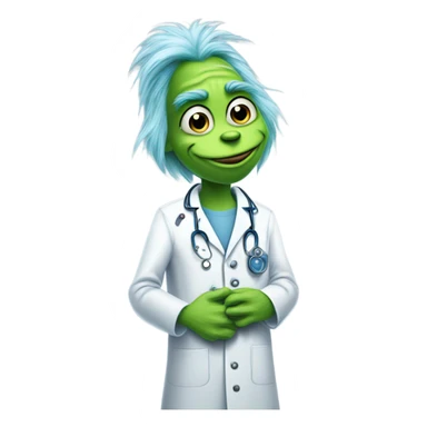 Blue grinch in a lab coat to give knee surgery  sticker