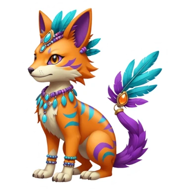 Kawaii cute orange purple turquoise exotic tribal beautiful pretty elegant divine edgy feline-vernid-sergal-Fakémon-Pokémon-Digimon-fursona-animal-creature with bracelet, necklace, full body, with intricate detailed markings, feather headdress  sticker