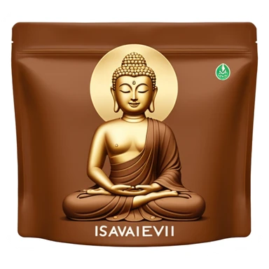 pouch of Iswari Éveil du Bouddha Maxi Protéines, matte brown, Iswari logo, product name, Buddha silhouette, Vegan Gluten-Free Organic icons, full pouch, minimal, no extra text, no faces, clean 3D style, soft shadows, transparent background, emoji scale sticker