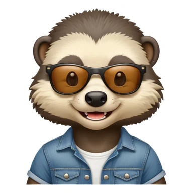 friendly anthropomorphised honey badger in jeans and a t-shirt, wearing sunglasses, head and shoulders view, smiling sticker