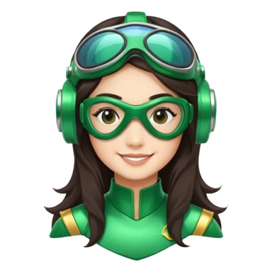 green Power Ranger, Asian girl with long, less wavy dark brown hair, side parting, smiling, wearing scuba goggles sticker