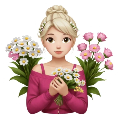 a girl  sitting  near various bouquets of flowers , white and pink flowers . She is holding a single white flower up to her face, Her hairstyle is slightly messy updo, with a few soft strands falling around her face, . She wears a red off-shoulder cardigan and a white long skirt. sticker