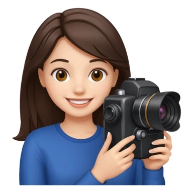 A brunette girl smiling, she’s a proud and successful filmmaker 🍿🌍✨ Holding a camera or behind / next to a camera, / holding awards  sticker