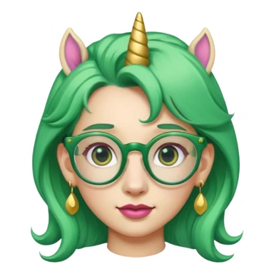 unicorn with green hair and big earrings looking into camera and spectacle sticker