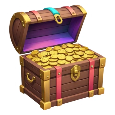 wooden brown treasure chest filled with coins pack in gradient of turquoise, blue, pink, purple, and coral sticker