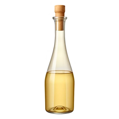 elegant upright glass bottle filled with pale golden white wine vinegar, slightly tall with smooth curves, narrow neck, simple light beige cork or cap, clear liquid with warm tint visible through transparent glass, no label or branding, soft lighting, subtle shadows, emoji scale sticker