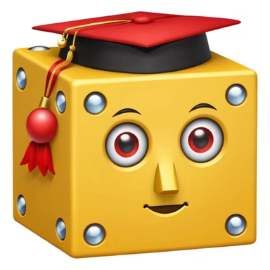 yellow lucky block, with 2 red question marks for the pupils inside the eyes, wings, and a red top hat, and has the :3 face  sticker