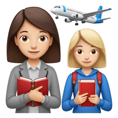 Create two emoji characters.

Left: a stressed, sad student preparing for IELTS, holding books and coffee, tired face, exam stress.

Right: a happy confident student after IELTS, traveling abroad, airplane, university, freedom, smiling.

Style: emoji, clean, simple, white background. sticker