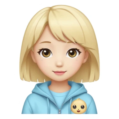 Cute kawaii emoji-style Japanese K-pop girl, blonde hair, trendy K-pop outfit with Japanese cute fashion vibes, big sparkling eyes, chibi proportions, clean lineart, pastel colors, cheerful idol smile, sticker/emoji style, transparent background sticker